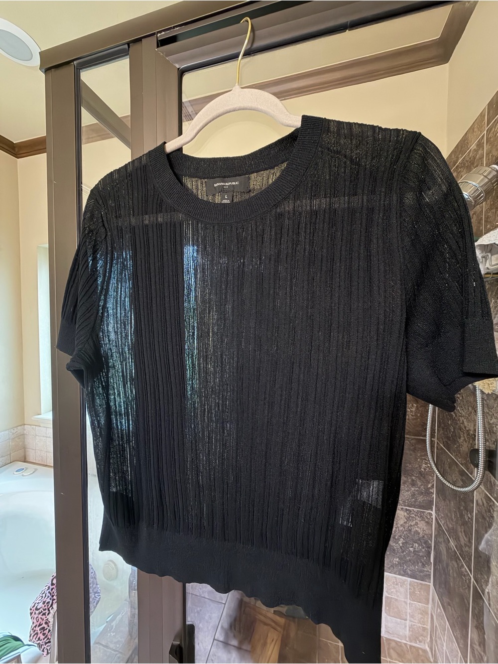 Banana Republic Black Short-Sleeve Sheer Ribbed Top
